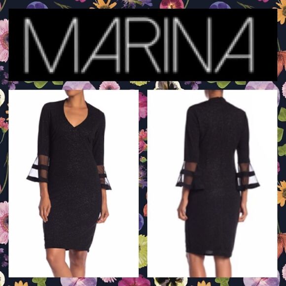 💙NWT MSRP $149 Marina 3/4 Bell Sleeve Sheath Dress Women's Size 8 - Picture 1 of 7